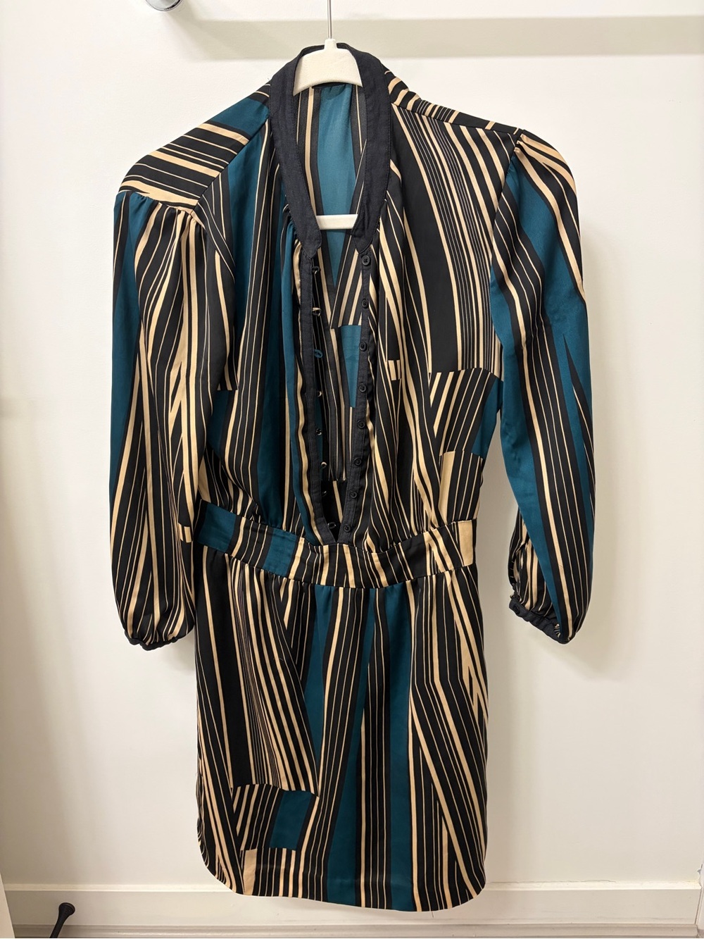 Mexx Teal, Beige and Black Striped Long Sleeve Dress
